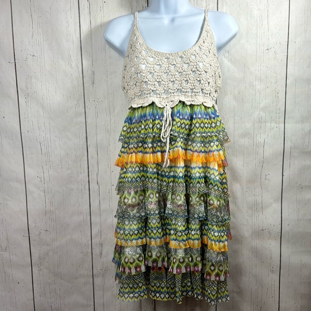 J. Gee Boho Crochet Top Tiered Midi Dress Size L Boho Festival Cottagecore